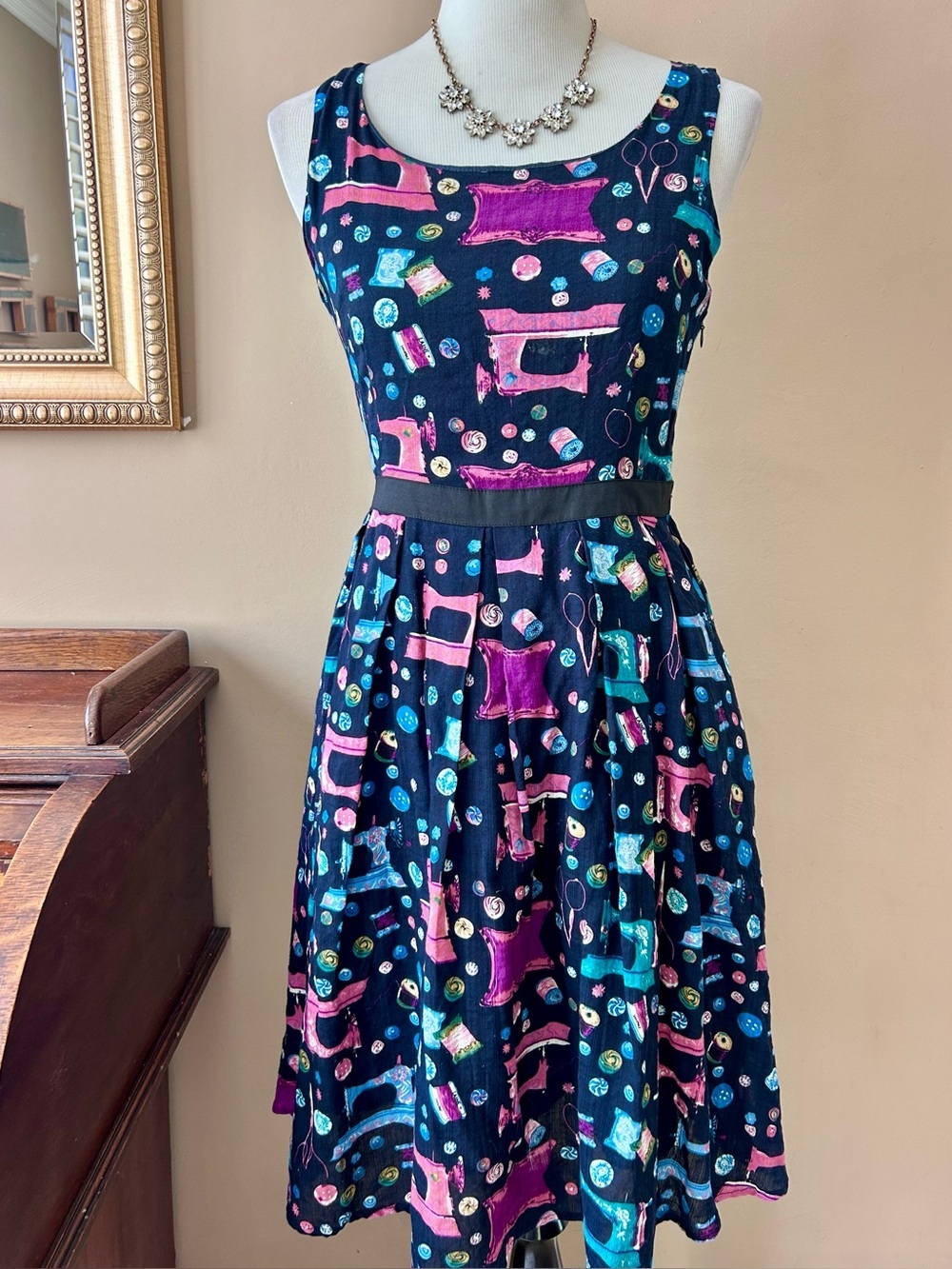 Modcloth Frock Shop Sewing Machine Novelty Print Fit and Flare Dress Size S